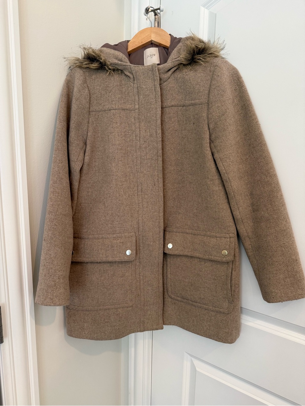 J. Crew Women's Hooded Wool-Blend Pea Coat in Taupe Brown - Picture 1 of 3
